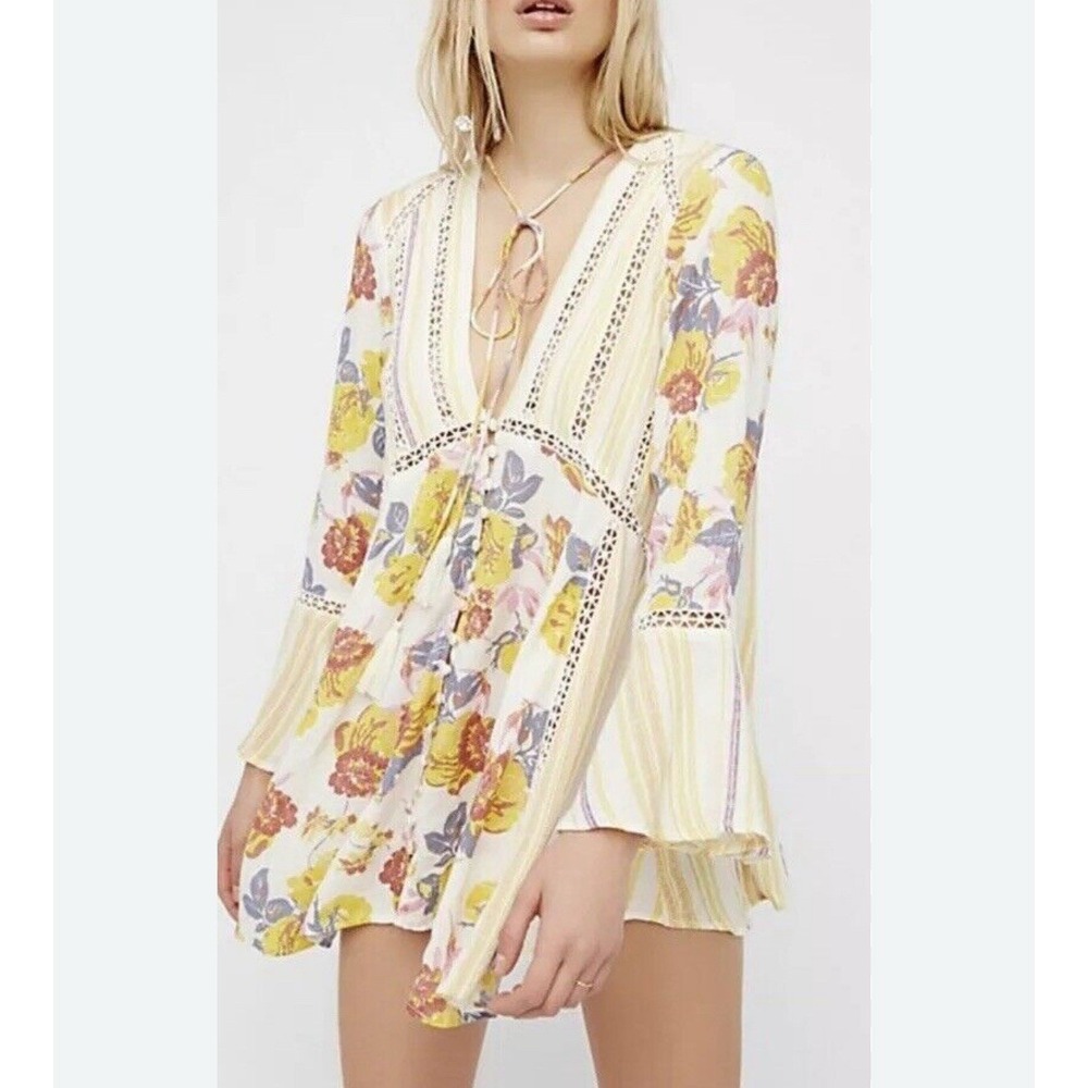 Free People Lovestoned Lace  Crochet‎ Bell Sleeve Tunic Small Dress Boho #WX12-5